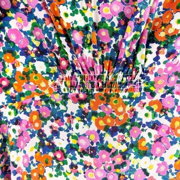 Saloni Bianca Printed Silk Puff Sleeve Midi Dress Pink Rosette Size 12 Cocktail - Picture 5 of 9